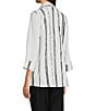 Color:Multi - Image 4 - Petite Size Woven Crinkle Multi Abstract Print Point Collar 3/4 Sleeve Asymmetrical Hem Button-Front Tunic