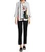 Color:Multi - Image 5 - Petite Size Woven Crinkle Multi Abstract Print Point Collar 3/4 Sleeve Asymmetrical Hem Button-Front Tunic