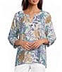 Ali Miles Petite Size Woven Floral Multi Split V-Neck 3/4 Tacked Sleeve High Low Top - Image 1