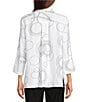 Ali Miles Petite Size Woven Geometric Print Point Collar 3/4 Sleeve Button Front Tunic, Color:White/Black - Image 2
