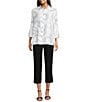 Ali Miles Petite Size Woven Geometric Print Point Collar 3/4 Sleeve Button Front Tunic, Color:White/Black - Image 5