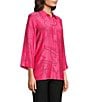 Ali Miles Petite Size Woven Geometric Print Point Collar 3/4 Sleeve Button Front Tunic, Color:Raspberry/Black - Image 3