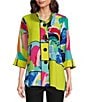 Color:Patch Multiple - Image 1 - Petite Size Woven Patchwork Print Wire Collar 3/4 Sleeve Button-Front Tunic