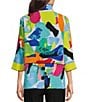 Color:Patch Multiple - Image 2 - Petite Size Woven Patchwork Print Wire Collar 3/4 Sleeve Button-Front Tunic
