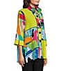 Color:Patch Multiple - Image 3 - Petite Size Woven Patchwork Print Wire Collar 3/4 Sleeve Button-Front Tunic