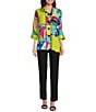 Color:Patch Multiple - Image 5 - Petite Size Woven Patchwork Print Wire Collar 3/4 Sleeve Button-Front Tunic