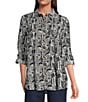 Ali Miles Petite Size Woven Printed Point Collar 3/4 Roll-Tab Sleeve Button Front Tunic, Color:White/Black - Image 1