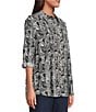 Ali Miles Petite Size Woven Printed Point Collar 3/4 Roll-Tab Sleeve Button Front Tunic, Color:White/Black - Image 3