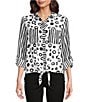 Color:White/Black - Image 1 - Petite Size Woven Printed Point Collar Chest Patch Pocket Long Roll-Tab Sleeve Tie Front Tunic