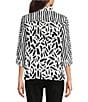 Color:White/Black - Image 2 - Petite Size Woven Printed Point Collar Chest Patch Pocket Long Roll-Tab Sleeve Tie Front Tunic