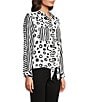 Color:White/Black - Image 3 - Petite Size Woven Printed Point Collar Chest Patch Pocket Long Roll-Tab Sleeve Tie Front Tunic