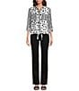 Color:White/Black - Image 5 - Petite Size Woven Printed Point Collar Chest Patch Pocket Long Roll-Tab Sleeve Tie Front Tunic