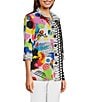 Ali Miles Petite Size Woven Abstract Print Wire Collar 3/4 Sleeve Button Front Tunic, Color:Multi - Image 3