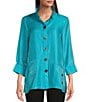 Color:Turquoise - Image 1 - Petite Size Woven Shimmer Stand Ruffle Collar 3/4 Sleeves Button-Front Tunic
