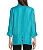 Color:Turquoise - Image 2 - Petite Size Woven Shimmer Stand Ruffle Collar 3/4 Sleeves Button-Front Tunic
