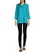 Color:Turquoise - Image 3 - Petite Size Woven Shimmer Stand Ruffle Collar 3/4 Sleeves Button-Front Tunic