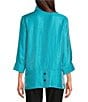Color:Turquoise - Image 2 - Petite Size Woven Shimmer Stand Ruffle Collar 3/4 Sleeves Button-Front Tunic