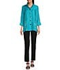 Color:Turquoise - Image 5 - Petite Size Woven Shimmer Stand Ruffle Collar 3/4 Sleeves Button-Front Tunic