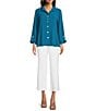 Ali Miles Petite Size Woven Solid Wire Collar 3/4 Sleeve Pleated Hem Button Front Tunic, Color:Dark Teal - Image 3