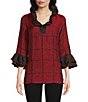 Color:Red - Image 1 - Petite Size Yarn Dye Box Plaid Print Crinkle Woven V-Neck 3/4 Bell Cuffed Sleeve Tunic