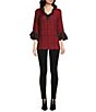Color:Red - Image 3 - Petite Size Yarn Dye Box Plaid Print Crinkle Woven V-Neck 3/4 Bell Cuffed Sleeve Tunic