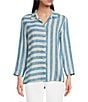 Color:Turquoise - Image 1 - Petite Size Yarn Dye Stripe Print Point Collar 3/4 Sleeve High-Low Hem Button-Front Tunic