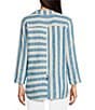 Color:Turquoise - Image 2 - Petite Size Yarn Dye Stripe Print Point Collar 3/4 Sleeve High-Low Hem Button-Front Tunic