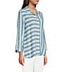 Color:Turquoise - Image 3 - Petite Size Yarn Dye Stripe Print Point Collar 3/4 Sleeve High-Low Hem Button-Front Tunic