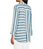 Color:Turquoise - Image 4 - Petite Size Yarn Dye Stripe Print Point Collar 3/4 Sleeve High-Low Hem Button-Front Tunic