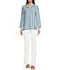 Color:Turquoise - Image 5 - Petite Size Yarn Dye Stripe Print Point Collar 3/4 Sleeve High-Low Hem Button-Front Tunic