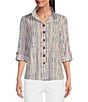 Color:Multiple - Image 1 - Petite Size Yarn-Dye Textured Stripe Wire Collar Long Roll-Tab Sleeve High-Low Hem Button-Front Top