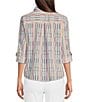Color:Multiple - Image 2 - Petite Size Yarn-Dye Textured Stripe Wire Collar Long Roll-Tab Sleeve High-Low Hem Button-Front Top