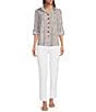 Color:Multiple - Image 3 - Petite Size Yarn-Dye Textured Stripe Wire Collar Long Roll-Tab Sleeve High-Low Hem Button-Front Top