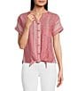 Color:Red - Image 1 - Petite Size Yarn-Dye Woven Stripe Tie Front Hem Banded Collar Short Sleeve Top
