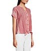 Color:Red - Image 3 - Petite Size Yarn-Dye Woven Stripe Tie Front Hem Banded Collar Short Sleeve Top