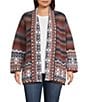 Ali Miles Plus Size Abstract Border Print 3/4 Sleeve Open-Front Cardigan, Color:Faded Orange - Image 1
