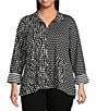 Ali Miles Plus Size Abstract Dotted Mock Neck Elbow Sleeve Zip-Front Tunic, Color:Black/White Print - Image 1