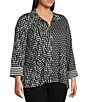 Ali Miles Plus Size Abstract Dotted Mock Neck Elbow Sleeve Zip-Front Tunic, Color:Black/White Print - Image 3