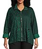 Ali Miles Plus Size Abstract Dotted Mock Neck Elbow Sleeve Zip-Front Tunic, Color:Emerald/Black Print - Image 1