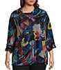 Color:Multi - Image 1 - Plus Size Abstract Multi Color Knit Print Hacci Cowl Neck 3/4 Sleeve Pocket Tunic