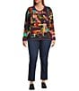 Ali Miles Plus Size Abstract Multi Stroke Knit V-Neck Long Sleeve Popover Top, Color:Abstract Multi - Image 3