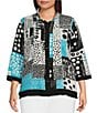 Color:Turquoise - Image 1 - Plus Size Abstract Patchwork Print Wire Collar 3/4 Sleeve Button-Front Tunic