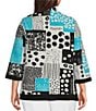 Color:Turquoise - Image 2 - Plus Size Abstract Patchwork Print Wire Collar 3/4 Sleeve Button-Front Tunic