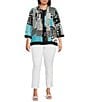 Color:Turquoise - Image 3 - Plus Size Abstract Patchwork Print Wire Collar 3/4 Sleeve Button-Front Tunic