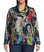 Ali Miles Plus Size Abstract Print Brushed Knit Cinched Cowl Neck Long Sleeve Pullover, Color:Multi - Image 1