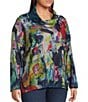 Ali Miles Plus Size Abstract Print Brushed Knit Cinched Cowl Neck Long Sleeve Pullover, Color:Multi - Image 3