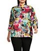 Ali Miles Plus Size Abstract Print Stand Collar 3/4 Sleeve Button-Front Jacket - Image 1