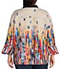 Color:Abstract Multi - Image 2 - Plus Size Abstract Print Textured Quilt Woven Wire Collar 3/4 Bell Cuffed Sleeve Button Front Jacket
