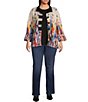 Color:Abstract Multi - Image 3 - Plus Size Abstract Print Textured Quilt Woven Wire Collar 3/4 Bell Cuffed Sleeve Button Front Jacket