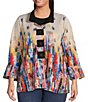 Color:Abstract Multi - Image 4 - Plus Size Abstract Print Textured Quilt Woven Wire Collar 3/4 Bell Cuffed Sleeve Button Front Jacket
